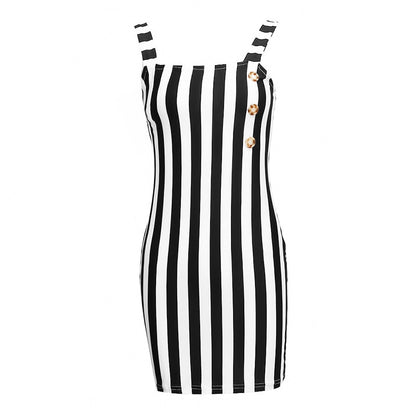 Retro Dress Summer Vertical Striped Button Suspenders Sexy Elegant Sleeveless Mini women&#39;s Dress