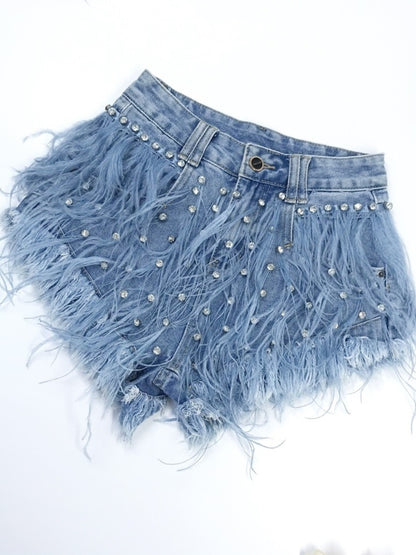 Rhinestone Beaded Exquisite Feather High Waist Denim Shorts