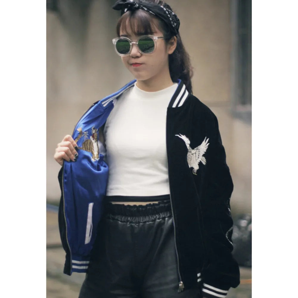 Reversible Jacket Retro Vintage Embroidered Baseball Uniform Jacket