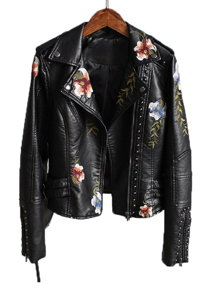 Floral Print Embroidery Faux Soft Leather Jacket