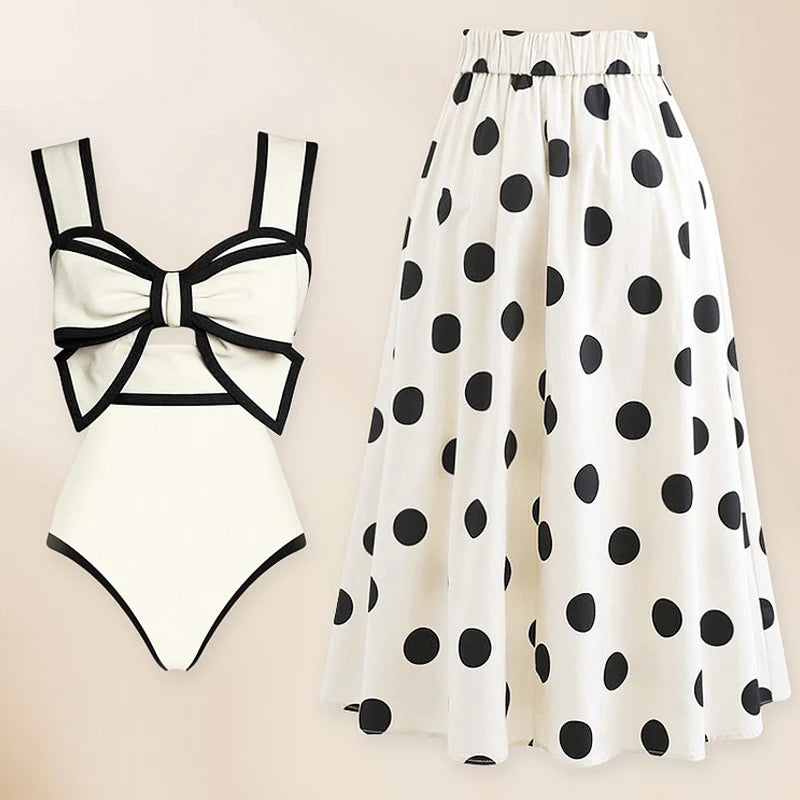 Bow Tie one-piece swimsuit with skirt