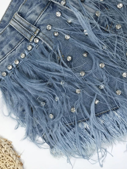 Rhinestone Beaded Exquisite Feather High Waist Denim Shorts