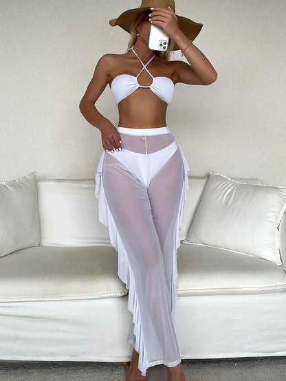 White Criss Cross Halter Bikini Set With Ruffle Pants