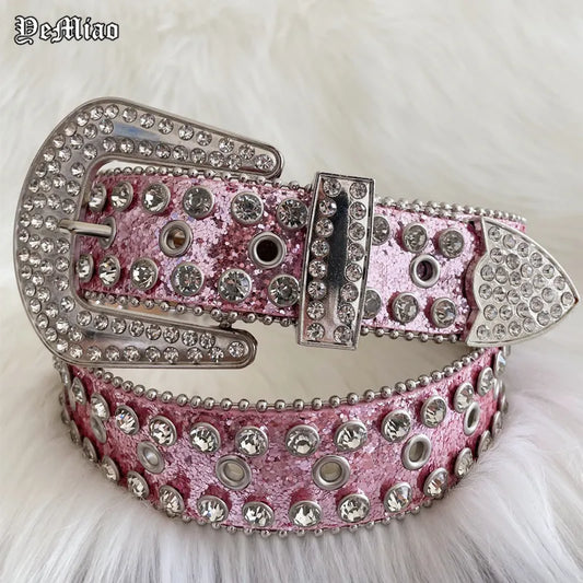 Punk Rock Pink Rhinestone Belts Luxury Strap Western Cowboy Diamonds Bling Belt Men Y2K Crystal Studded Cinto De Strass For Jean