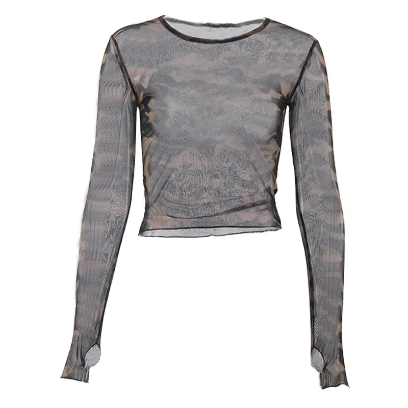 Transparent Mesh Long Sleeve O-neck Blouse Camouflage