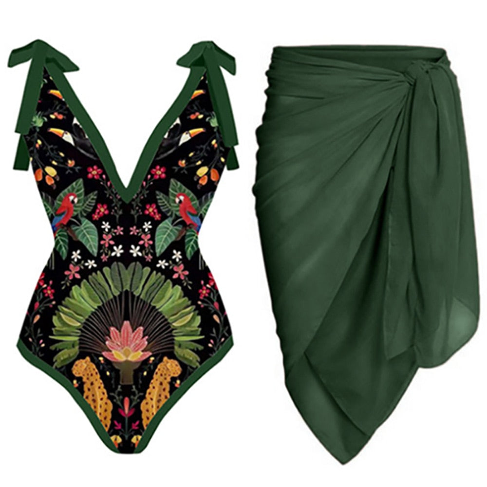 Deep V Green Swimwear & Cover Up