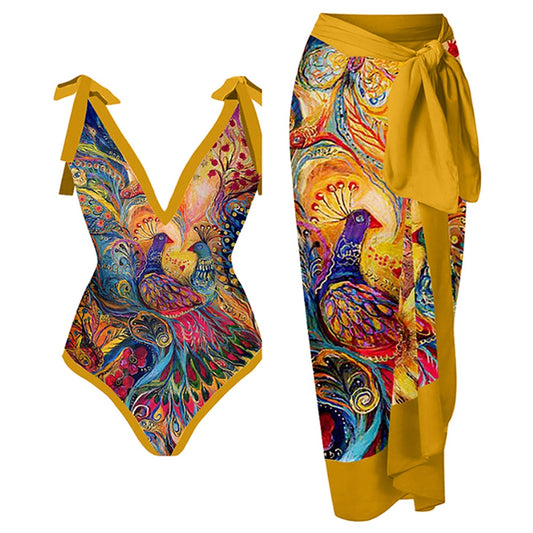 Women One Piece Swimsuit with Skirt Golden