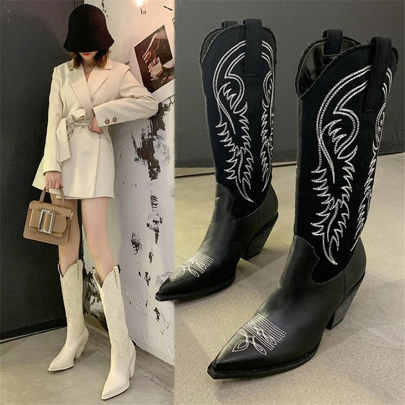 High Heel Leather Knee-High Cowboy Boots