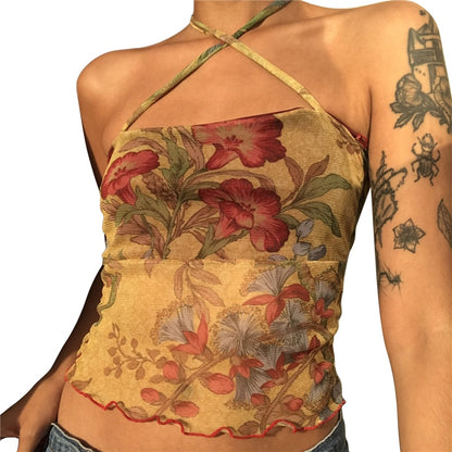 Mesh Sheer Floral Vintage Halter Top