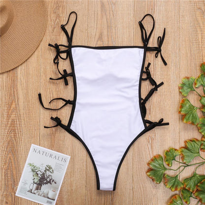 Black White Hollow Out One Piece Swimsuit