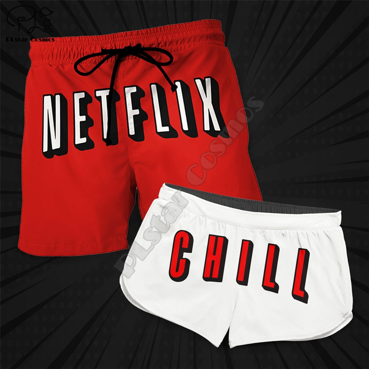 Couple Matching  NETFLIX AND CHILL  Printed 3d Shorts women for men Elastic Waist Shorts Summer Quick Dry Beach shorts