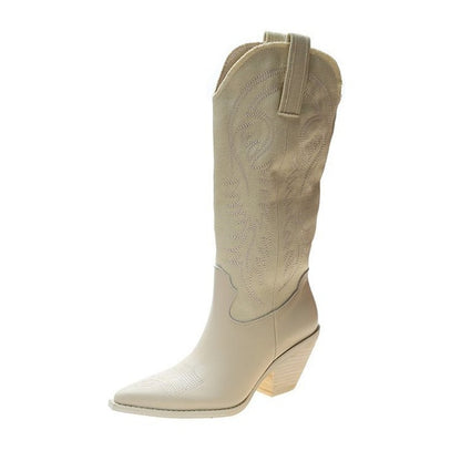 High Heel Leather Knee-High Cowboy Boots