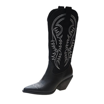 High Heel Leather Knee-High Cowboy Boots