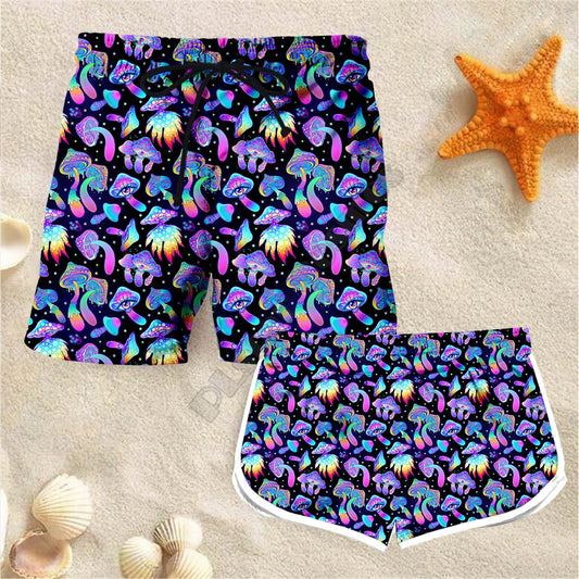 Couple Matching Psychedelic Mushroom Shorts 3d Shorts women for men Elastic Waist Shorts Summer Couple Beach Shorts NSDK03