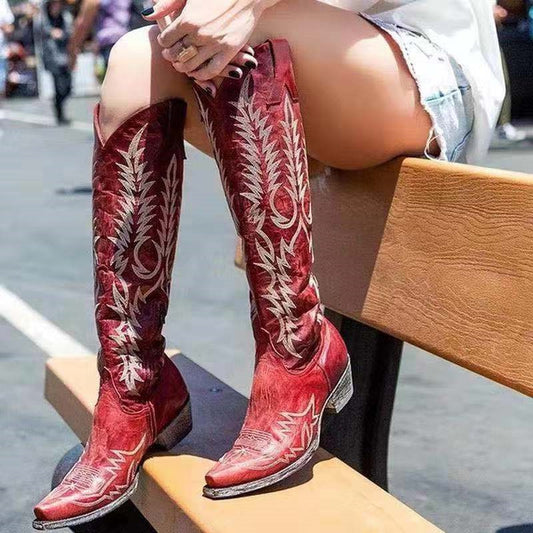 High Heel Leather Knee-High Cowboy Boots