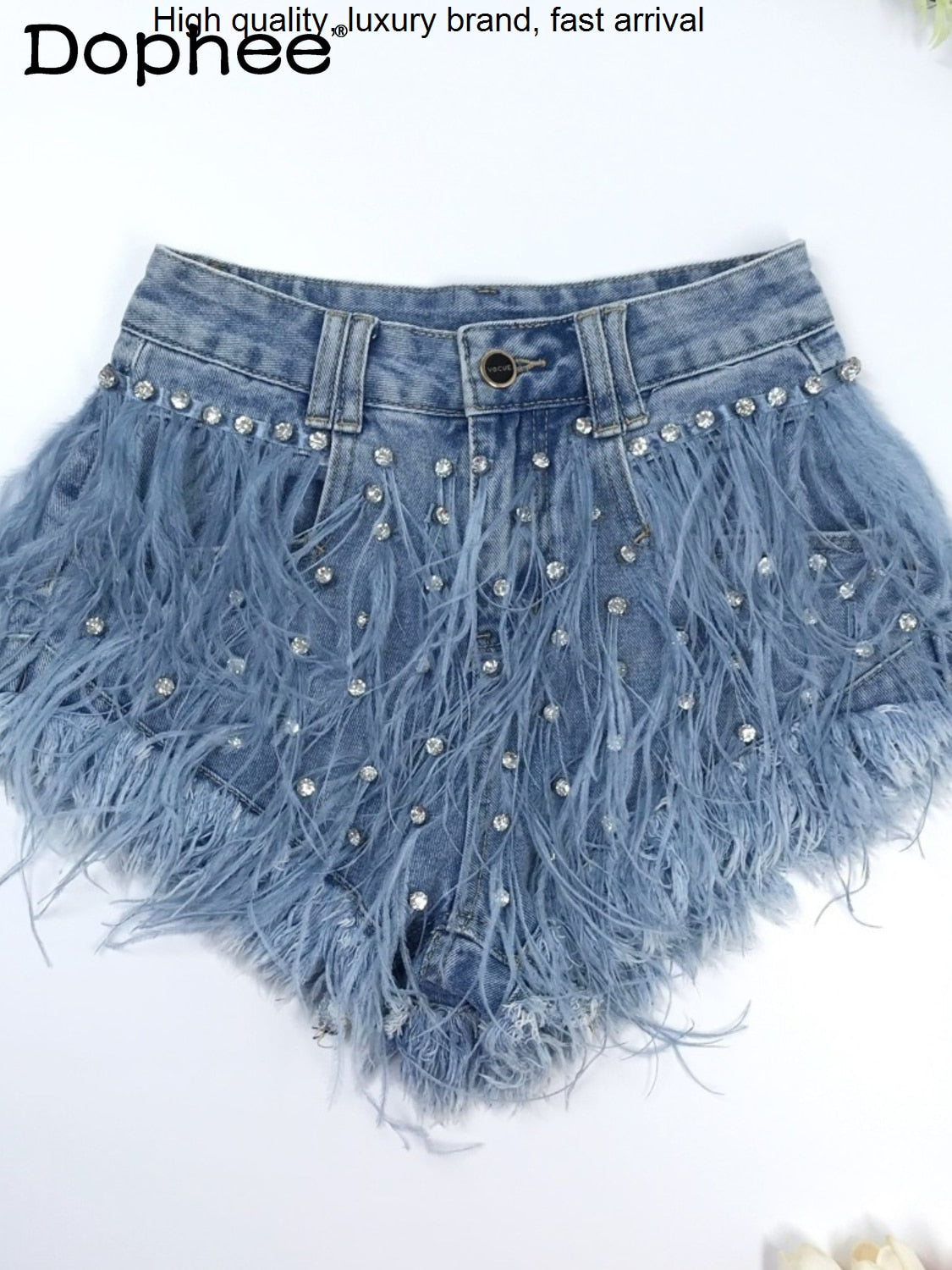 Rhinestone Beaded Exquisite Feather High Waist Denim Shorts