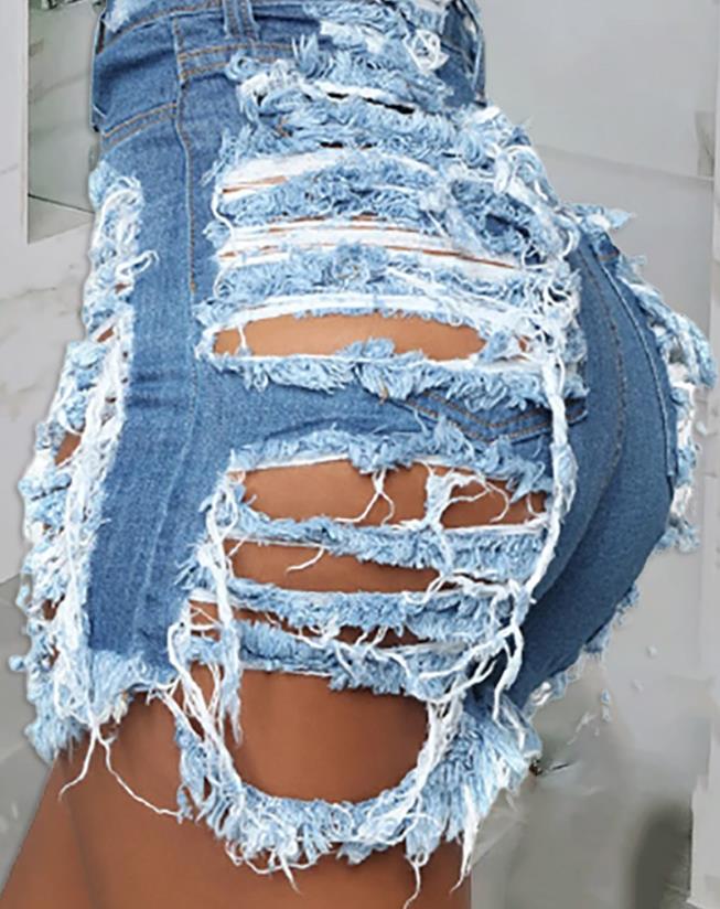 New Fashion 2023 Ripped Cutout Buttoned Denim Shorts